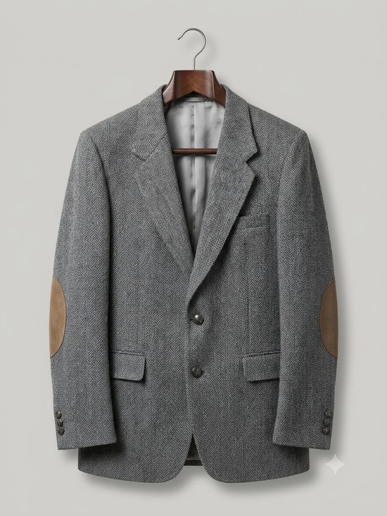 Harris Tweed Other - Gray Herringbone Harris tweed Scotland Wool Blazer with Tan Elbow Patches